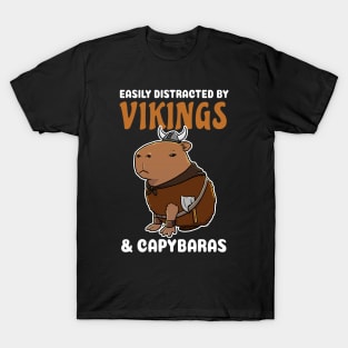 Easily Distracted by Vikings and Capybaras Cartoon T-Shirt